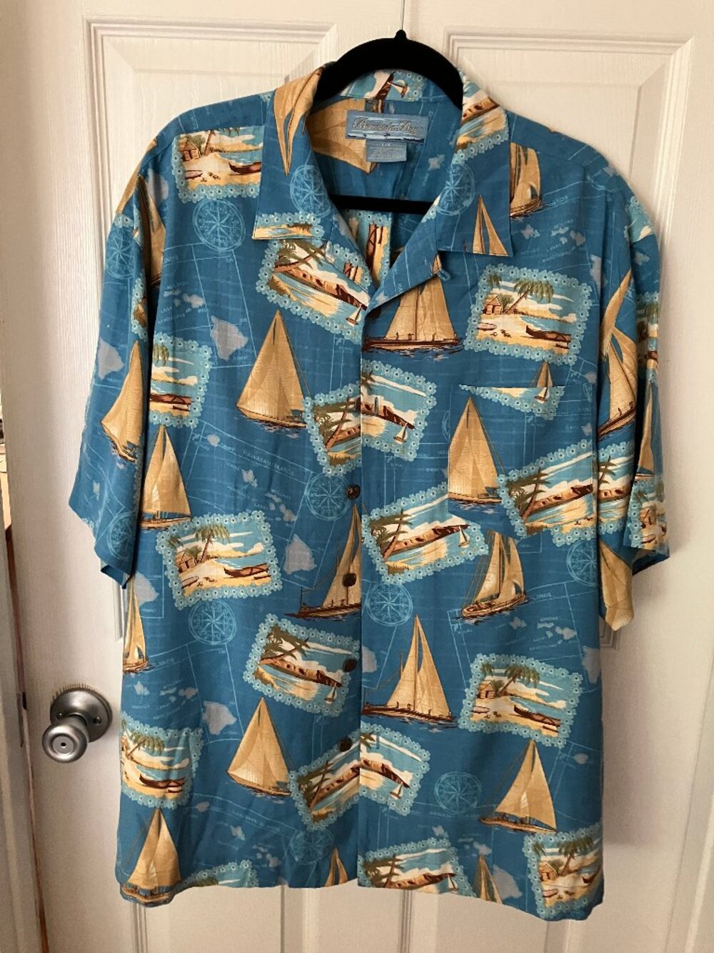 Bermuda Bay Hawaiian Shirt Blue nautical sailboat print Silk Sz L